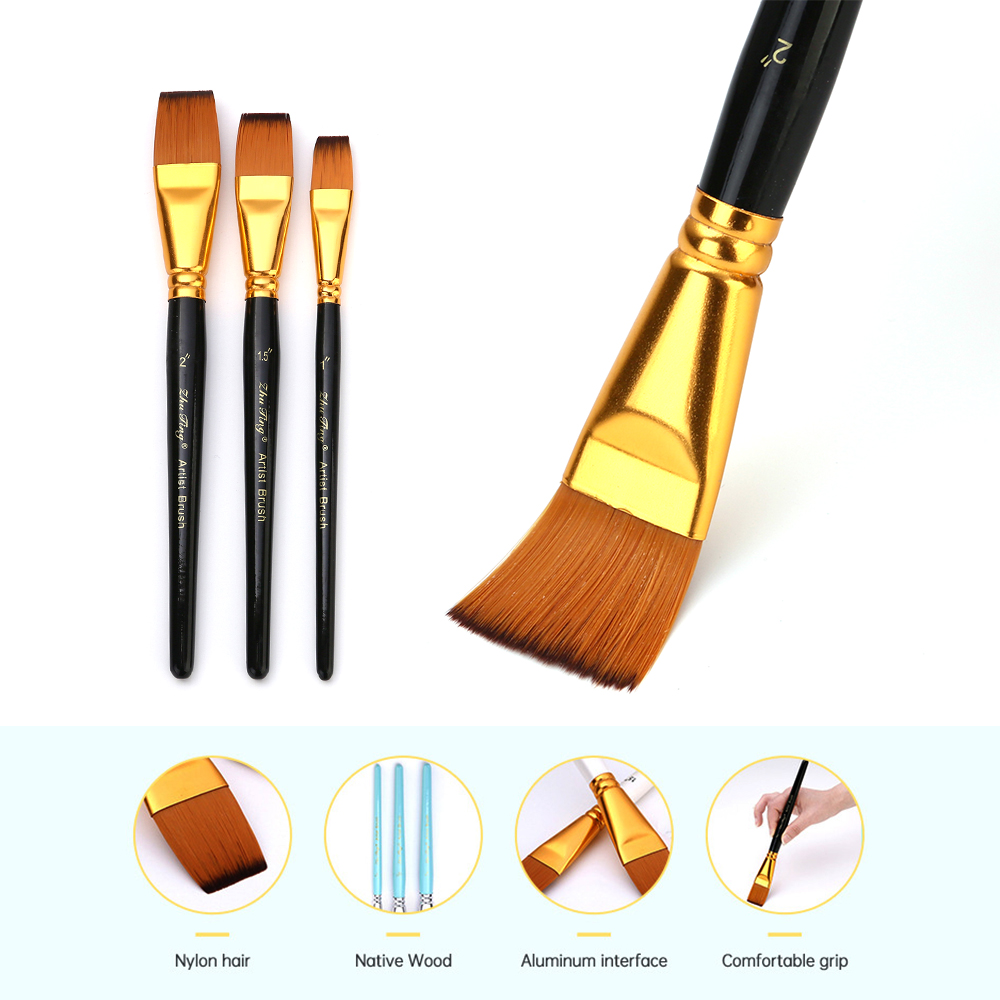 Set Mit 3 Flachen Nylonborstenpinseln Mit Kurzen Holzgriffen Für Aquarell Und Gouache, Zeichenset Für Anfänger, Studenten, Künstlerbedarf, Geschenk