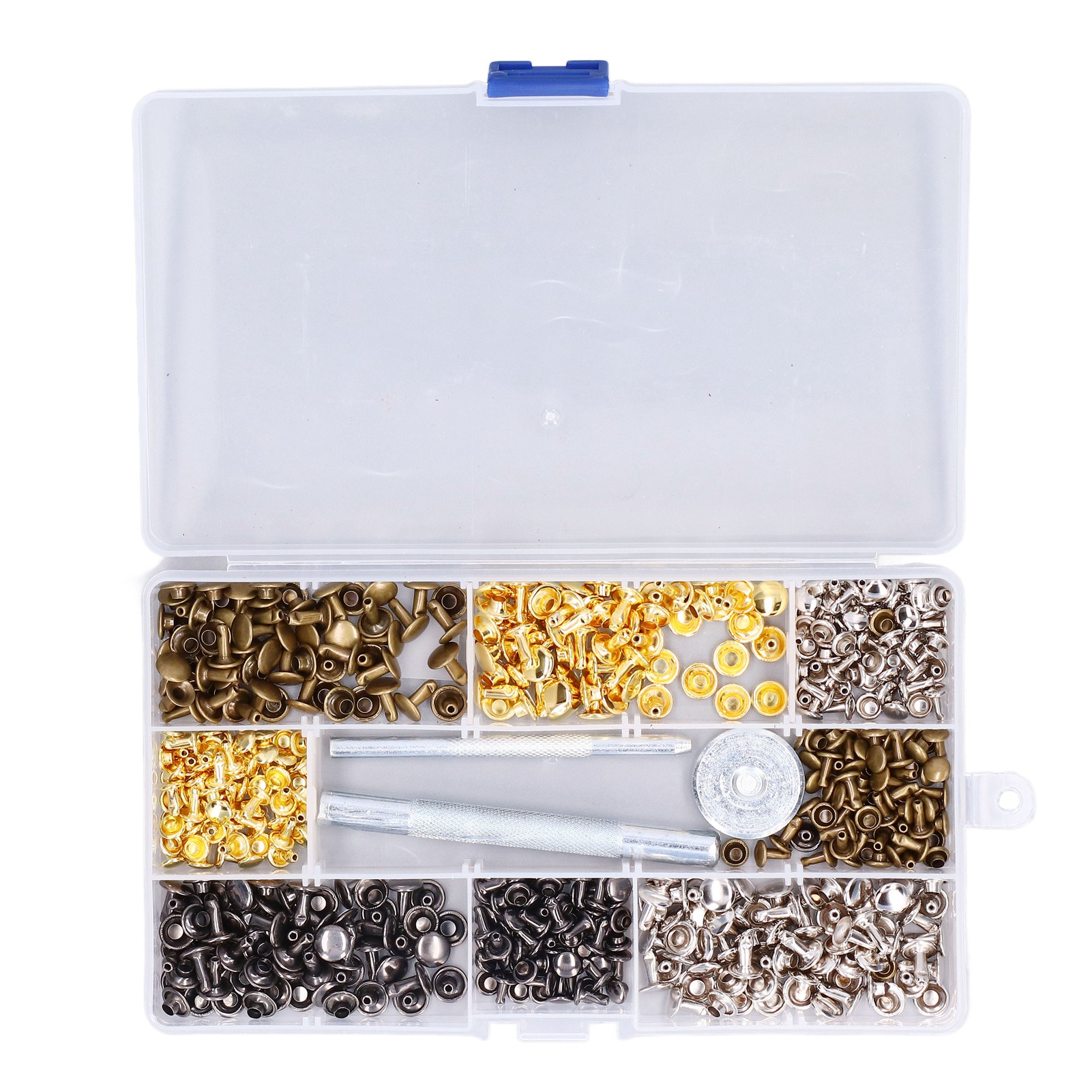 Packung Mit 240 Doppelköpfigen, Röhrenförmigen Ledernieten, 2 Größen (6 Mm Und 8 Mm), Nickelfreies Kupfer, 4 Farben (gold, Bronze, Silber, Grau), Inklusive Befestigungswerkzeug Und Diy-etui