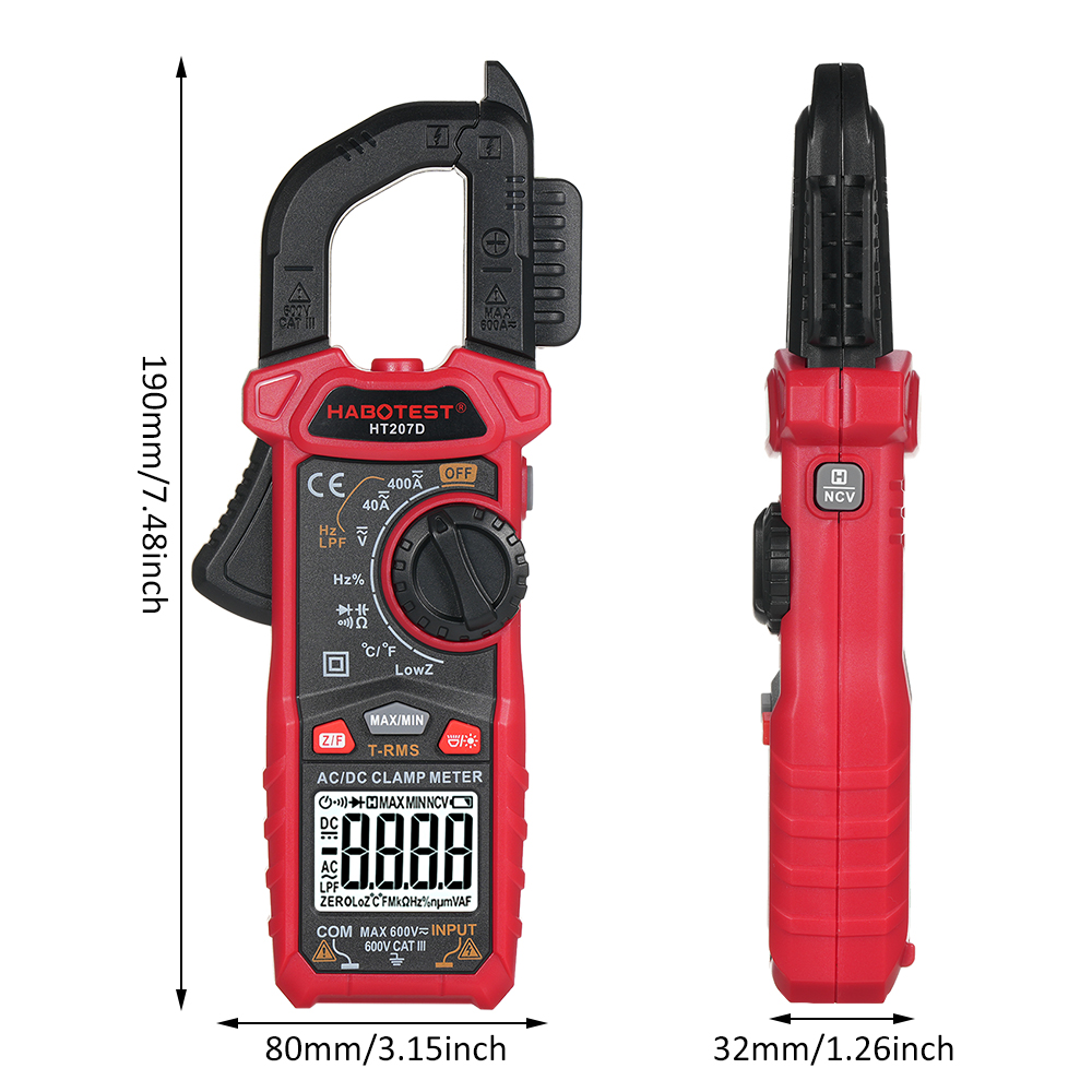 Habotest Ht207d Digitales Zangenmessgerät Mit 4000 Counts, Taschenmultimeter, Spannungs-, Strom-, Ac/dc-, Widerstands- Und Diodenmessung, Hochpräzises Zangenmessgerät Mit Multifunktions-digitalanzeige