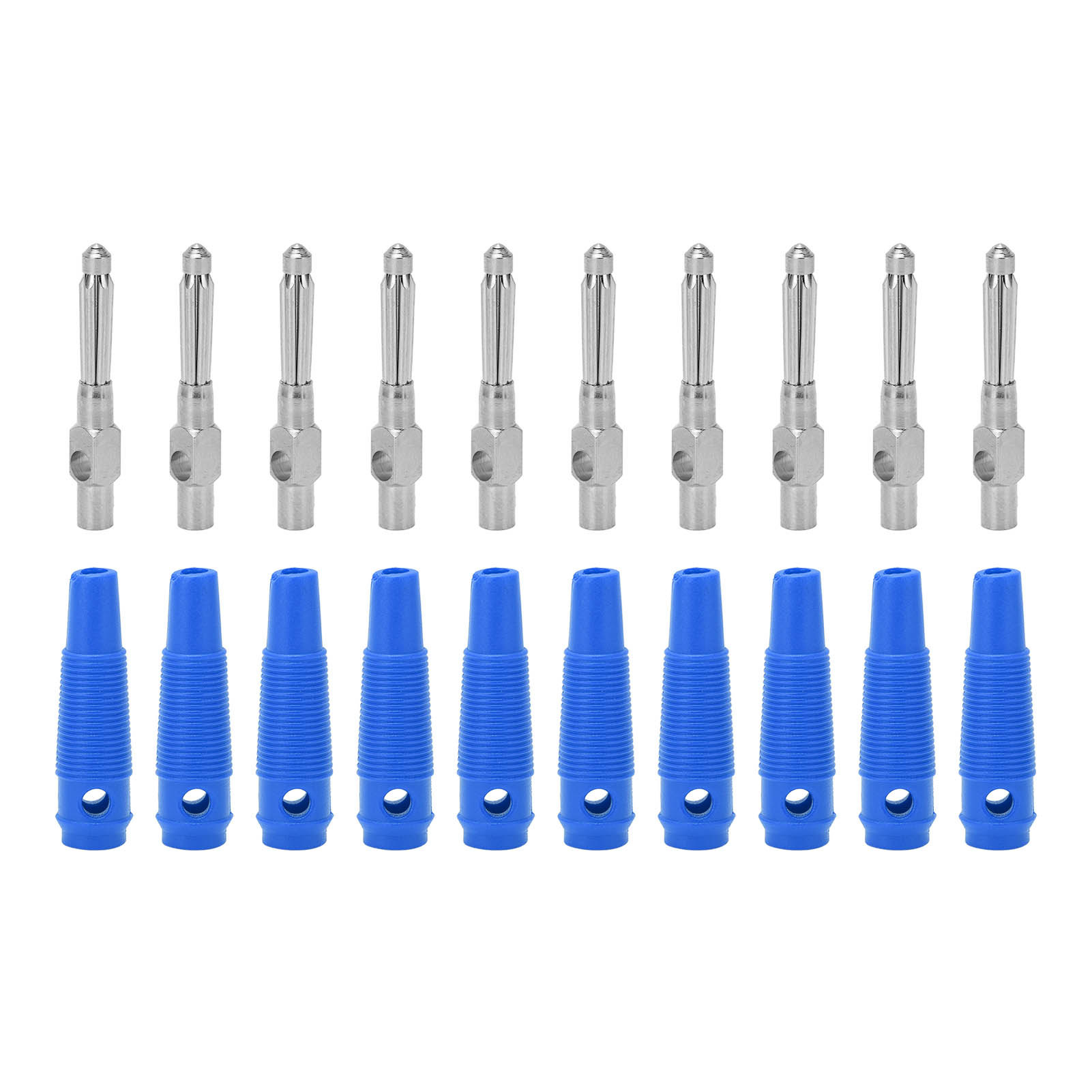Packung Mit 10 Stapelbaren 4-mm-7-poligen Kupfer-bananensteckern (männlich), 1000 V, 32 A, Mit Blauen Flexiblen Schutzschläuchen Und Schraubklemmung