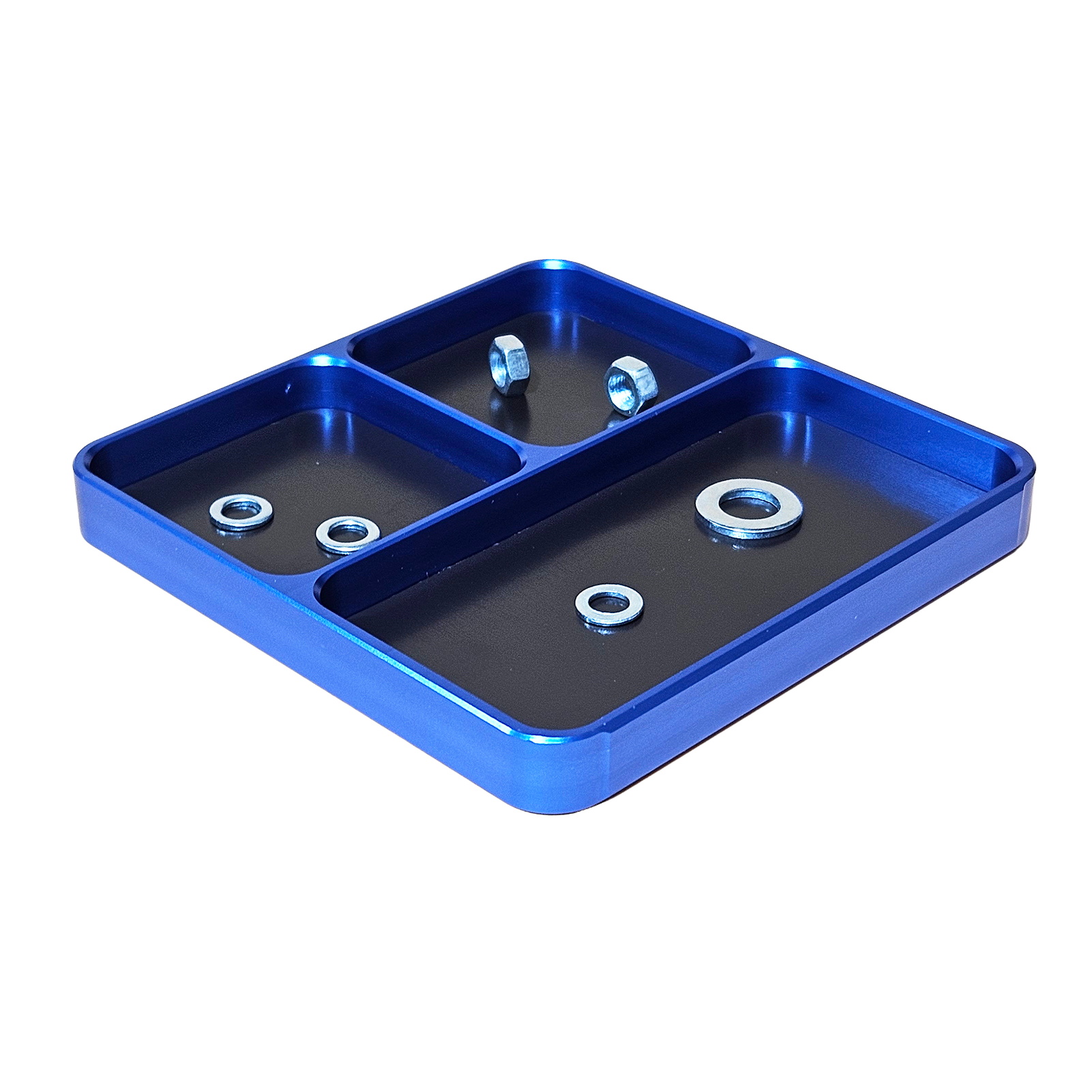 Magnetische Aufbewahrungsschale Für Schrauben Von Rc-autos, -trucks, -booten, -flugzeugen Und -helikoptern, Cnc-gefrästes Aluminium, 10 X 10 Cm, 4 Fächer, Herausnehmbare Magnetmatte, Blau/gelb, 1 Stüc