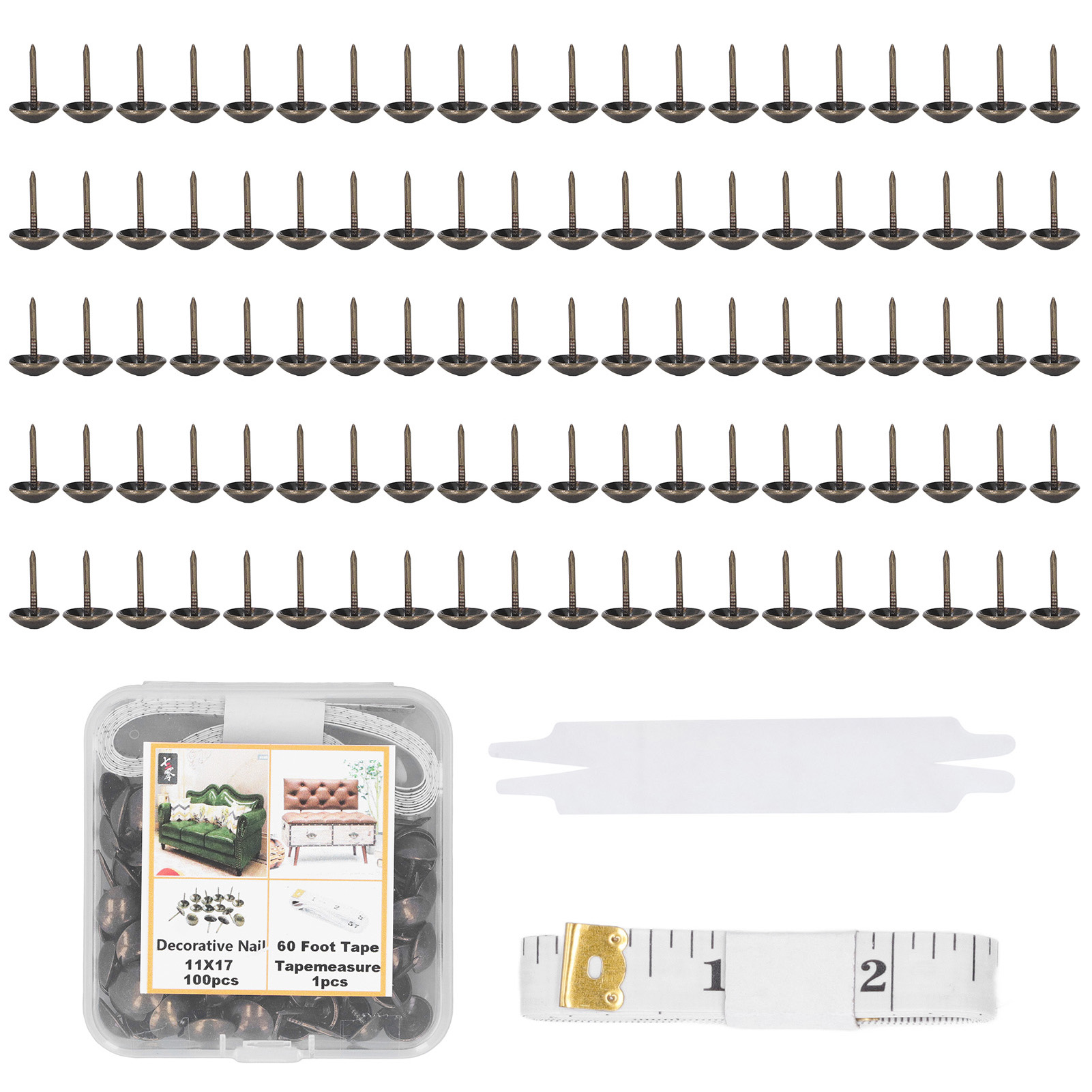 Set Mit 100 Dekorativen Möbelnägeln Aus Kohlenstoffstahl, Polsternägel Für Sofas Und Betten, Mit Maßband Und Hammerschutz, Bronze