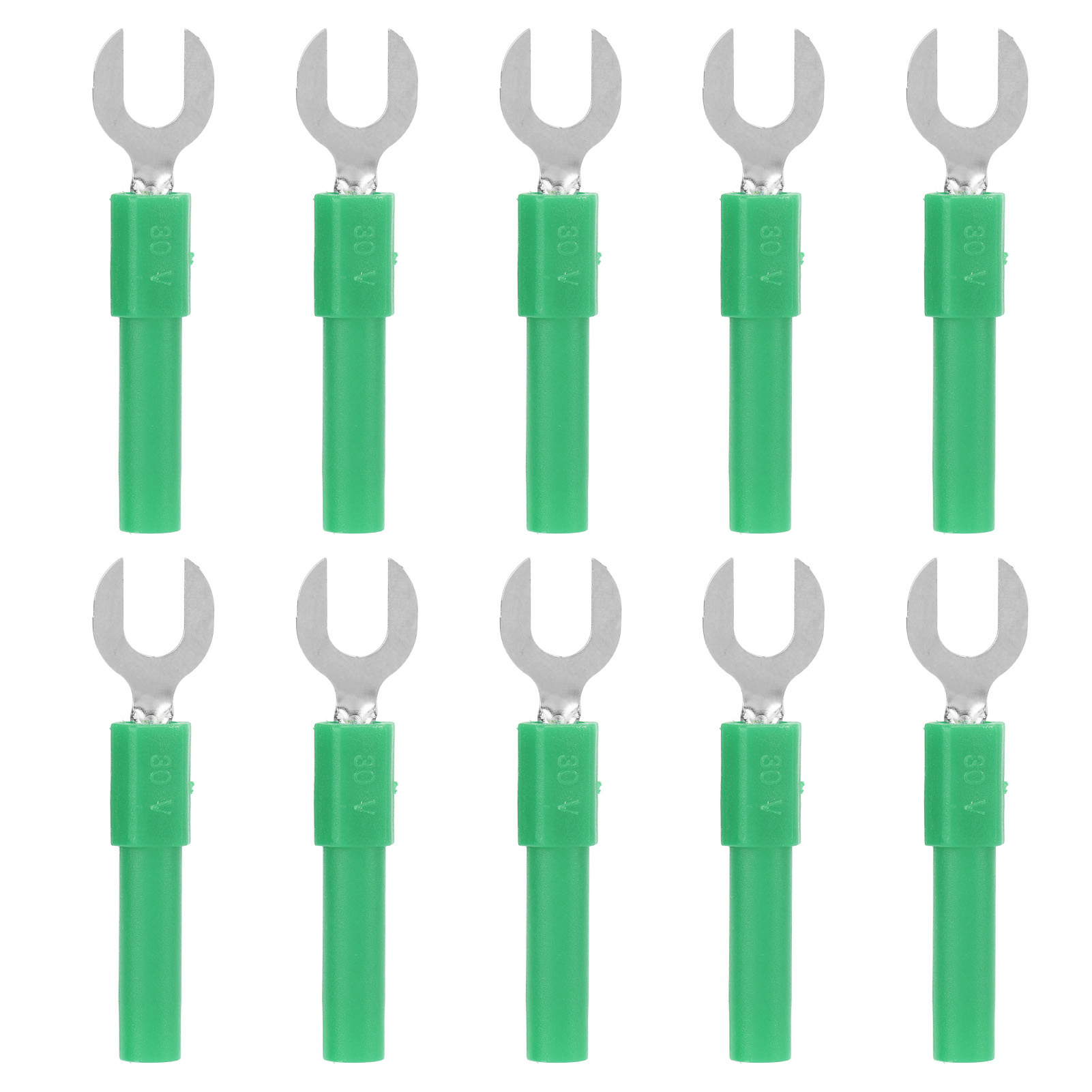 Packung Mit 10 Flachen Y-förmigen Gabelklemmen Aus Messing Und Pvc, 4 Mm Bohrung, 30 V Ac – 60 V Dc, Max. 10 A, Grün