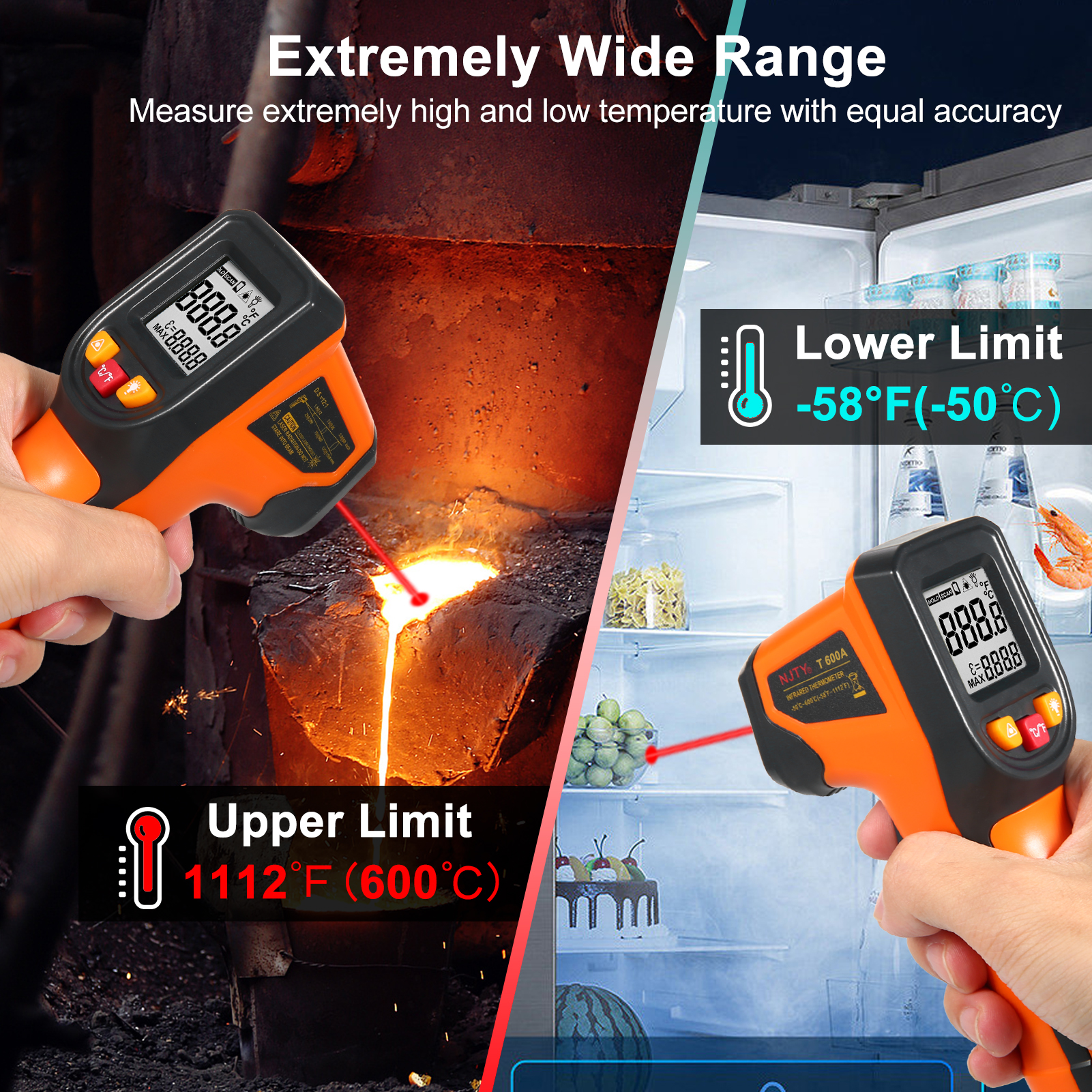 Berührungsloses Infrarot-thermometer, Digital, -50°c600°c (-58°f1112°f), Mit Emissionsgradanzeige, Für Industrielle, Küchen- Und Automobilanwendungen Nicht Zur Messung Der Körpertemperatur Geeignet.