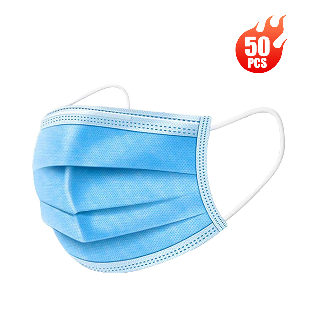 Packung Mit 50 Sterilen, 3-lagigen Einweg-gesichtsmasken Mit Elastischen Ohrschlaufen, Schutz Vor Umweltverschmutzung, Staub, Atemschutz Gegen Pollen, Katzenminze Und Partikel.