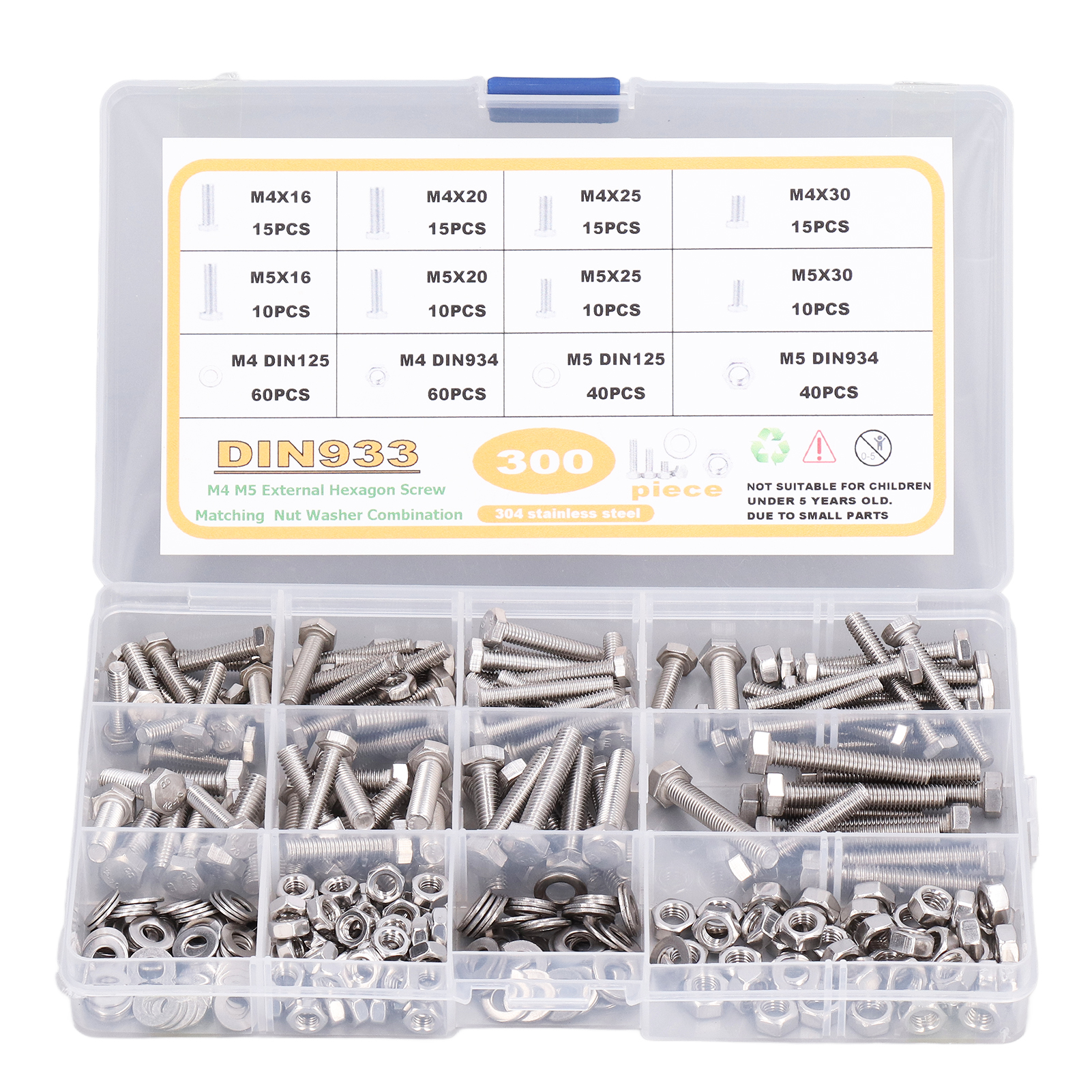 300-teiliges Set Aus Edelstahl 304 M4 M5 Din933 Schrauben, Din934 Sechskantschrauben, Din125 Muttern Und Unterlegscheiben Für Die Reparatur Von Möbeln Und Mechanischen Geräten