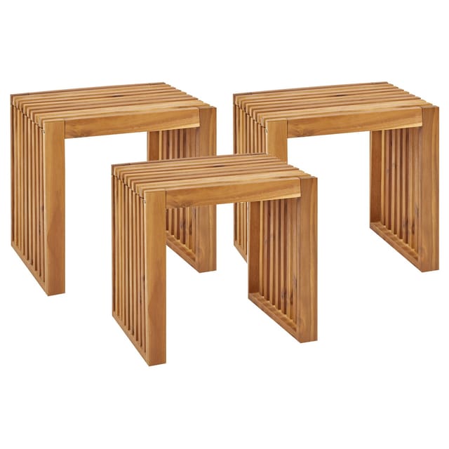 Gartenhocker 3er Set Hellbraun Akazienholz Latten-optik Garten Outdoor Balkon Terrasse Ausstattung Möbel Holzstuhl Gartenstuhl Ohne Lehne