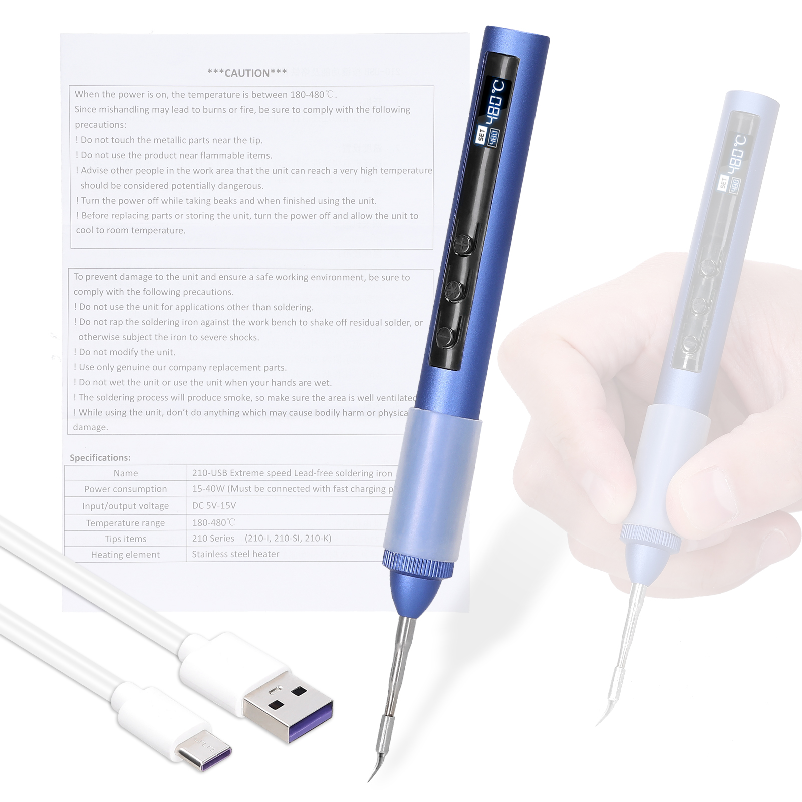 Tragbarer, Intelligenter Elektrischer Lötkolben Mit Usb-anschluss, 180-480℃ Oled-bildschirm, Lötstift Mit Temperatureinstellung Und Kalibrierung