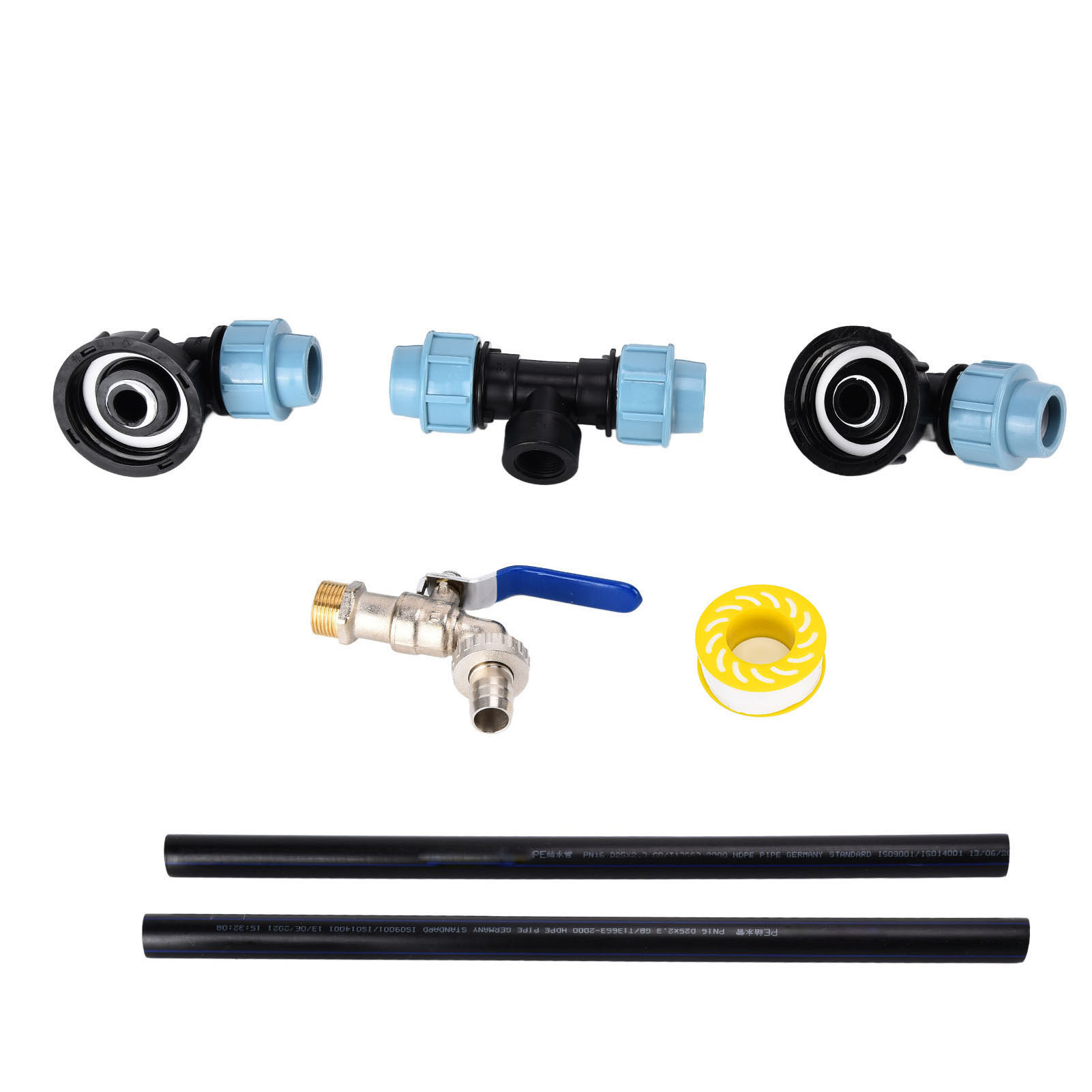 Ibc-winkel-tankhahn-auslass-schwanenhalsverbinder Für Serien-bewässerungskanister, Abs-messing, Ø 60 Mm, Set Beinhaltet 1 Hahn, 1 Band, 1 T-stück, 2 Winkelstücke Und 2 Schläuche