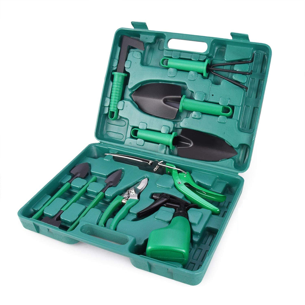 10-teiliges Gartenwerkzeugset Aus Edelstahl Mit Aufbewahrungskoffer, Robustes Gartenarbeitsset Inklusive Gartenschere, Rechen, Großen Und Kleinen Schaufeln, Sprühgerät, Unkrautschere, Topfzubehör Und