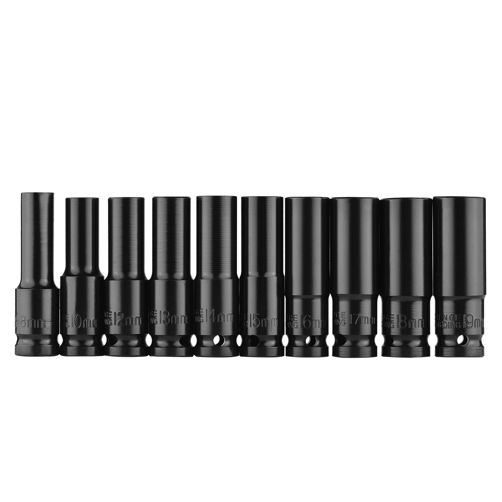 Satz Mit 10 Tiefen Metrischen 1/2-zoll-sechskant-schlagschraubnüssen (8–19 Mm) Aus Chrom-velours-stahl Mit Aufbewahrungskoffer