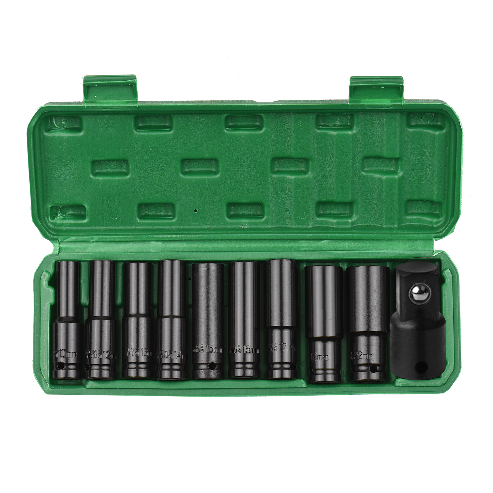Satz Mit 10 Metrischen 1/2-zoll-sechskant-schlagschraubnüssen (10–22 Mm) Und 3/8-zoll-adapter, Aus Chrom-vanadium-stahl, Inklusive Aufbewahrungskoffer