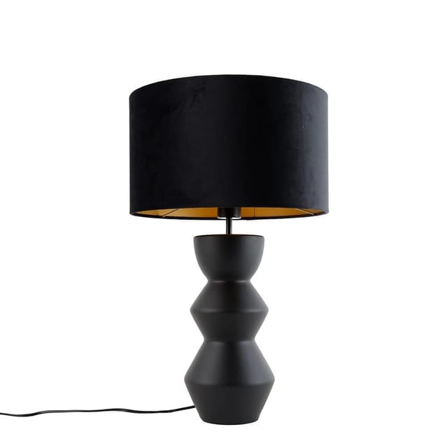 Design Tischleuchte Schwarz Samt-schirm Schwarz Mit Gold 35 Cm - Alisia