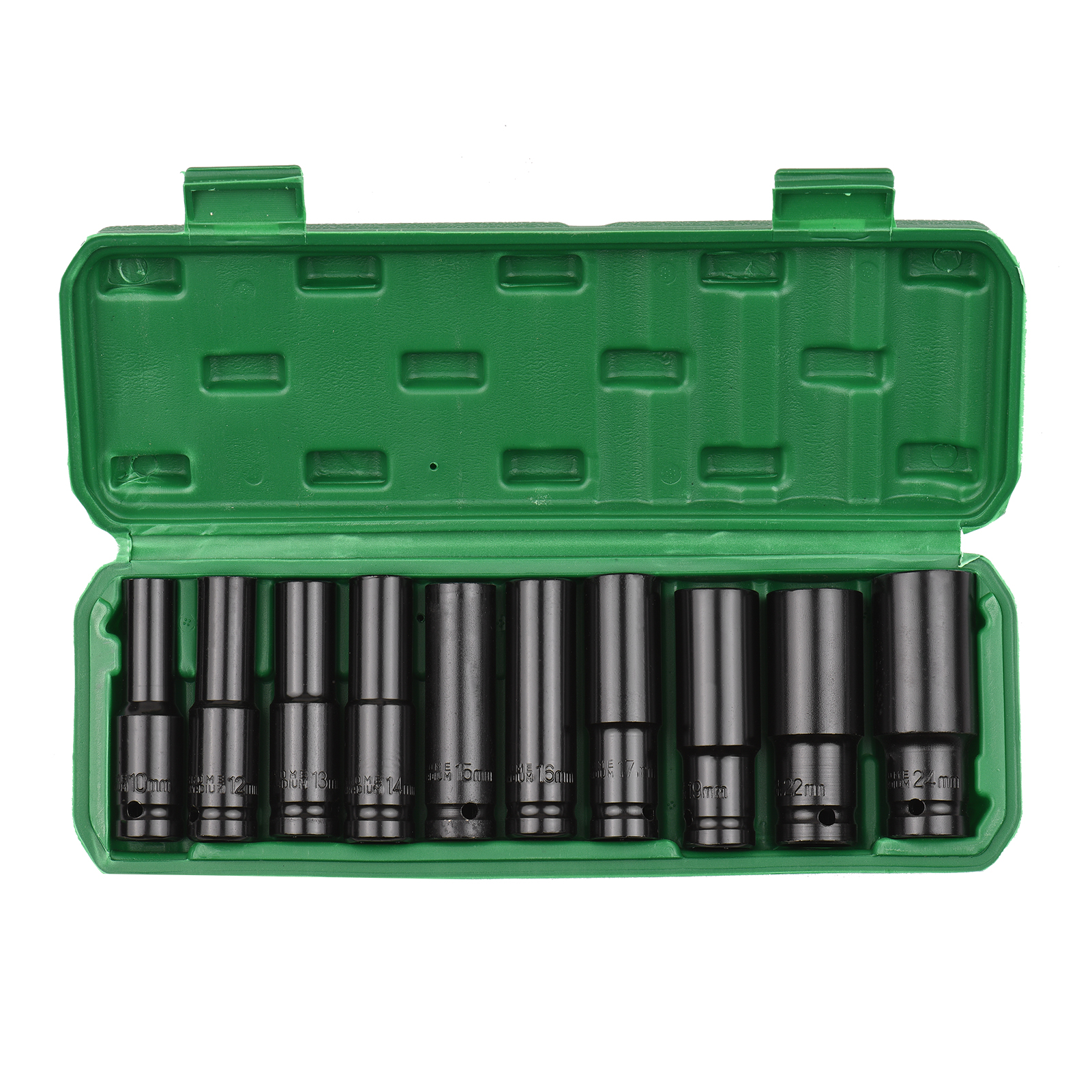 Satz Mit 10 1/2 Zoll Tiefen Metrischen Sechskant-schlagschraubnüssen (10–24 Mm) Aus Chrom-vanadium-stahl Mit Stabilem Aufbewahrungskoffer