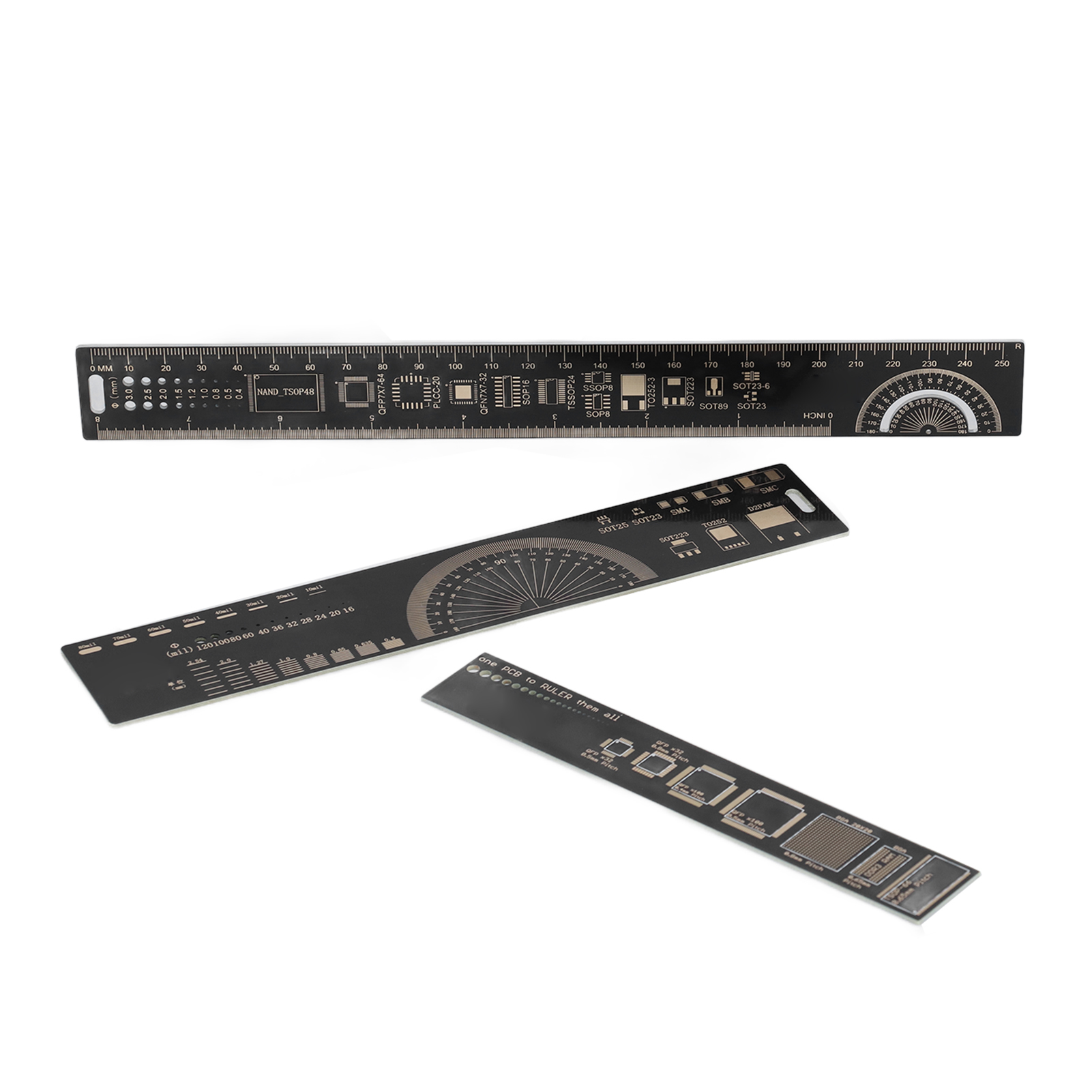 Multifunktionales Leiterplatten-lineal, 3 Größen (15 Cm, 20 Cm, 25 Cm), Schwarz Und Gold, Für Elektronikingenieure, 3er-set