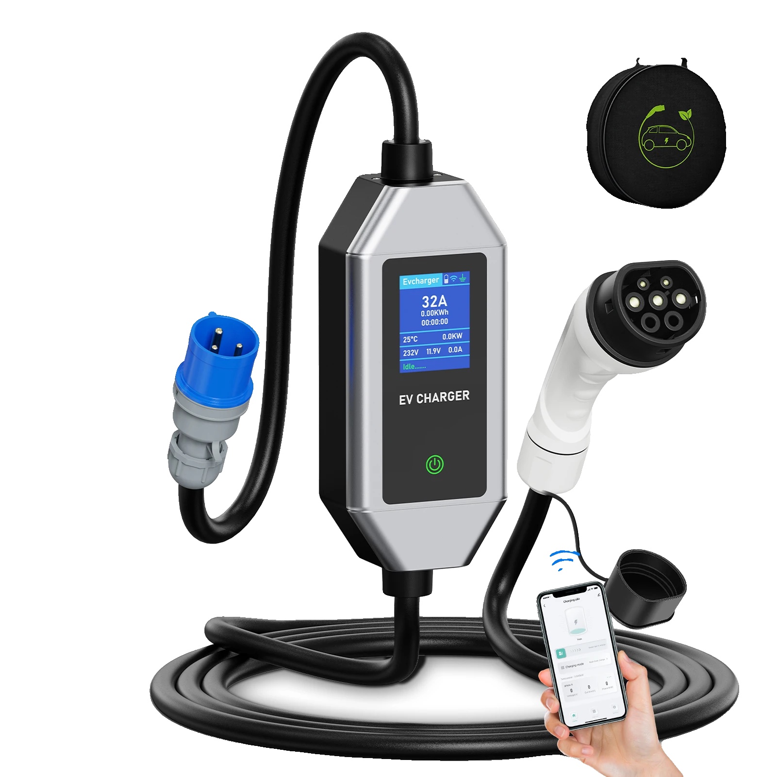 Tragbares Ev-ladegerät, Wifi-steuerung, Einstellbarer Strom, Typ2 5m Mit App