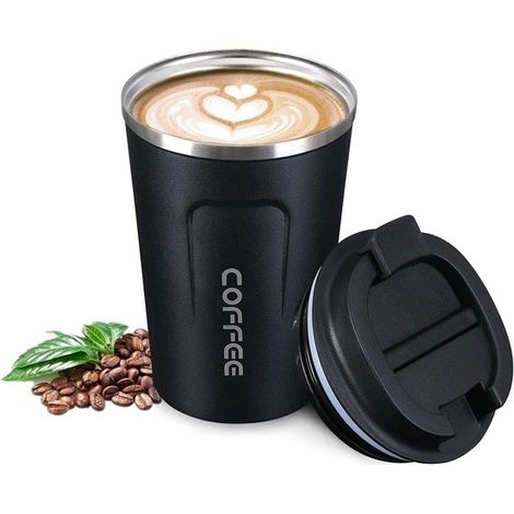 Isolierter Reisebecher (380 Ml) – Isolierter Kaffeebecher – Edelstahl – Bpa-frei – Doppelwandig – Vakuumisolierung – Schwarz