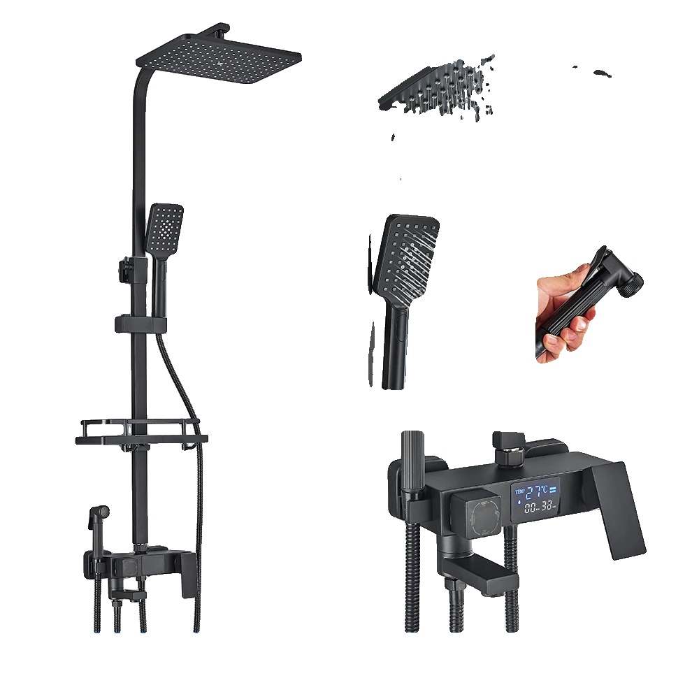 Badezimmer Duscharmatur Set, Digitale Anzeige Mit Regendusche, Handbrause, Warm- Und Kaltmischer, Schwarz Heiß Kalt, Schwarz Heiß Kalt