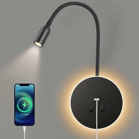 Led-wandleuchte, Schwanenhalsleuchte, Nachttischlampe Mit Schalter, Usb-ladeanschluss, Stimmungsbeleuchtung Fürs Schlafzimmer, Verstellbarer Spot (3 W 300 K + 8 W 6000 K), Schwarz