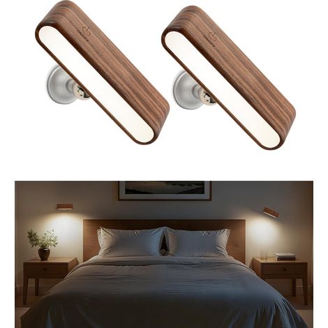 Led-wandleuchten Aus Holz (2 Stück) – Schwarznuss – 360° Magnetische Drehung – Wiederaufladbar – Einstellbare Helligkeit – Ideal Für Nachttische, Flure Und Wohnzimmer