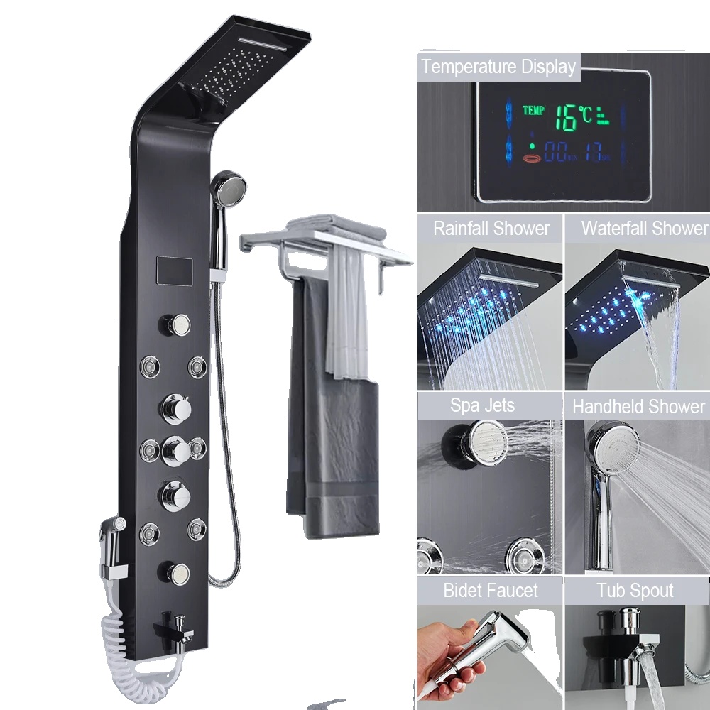 Led-duschpaneelsystem, Dreistufige Steuerung, Wandmontiert, 8009 Schwarz, Nan, Nan, Nan