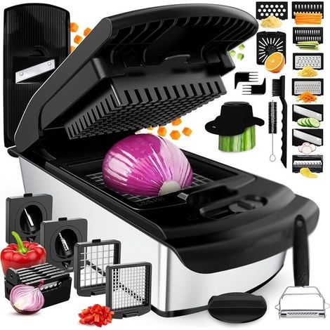 Multifunktionaler Gemüseschneider Und Mandoline – Schneide- Und Würfelgerät Für Zwiebeln, Karotten, Gurken, Pommes Frites Und Obst – Gemüse- Und Käsereibe – Küchenzubehör, 14-in-1, Edelstahl, Schwarz