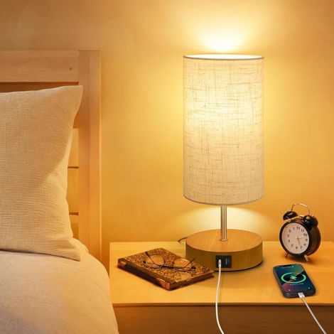 Nachttischlampe – Tischleuchte Aus Holz Mit Dimmbarer Oberfläche (3 Stufen), Usb-a- Und Usb-c-ladeanschlüssen, Touch-beleuchtung, Leinenschirm – Kleine Tischleuchte Für Schlaf- Oder Wohnzimmer