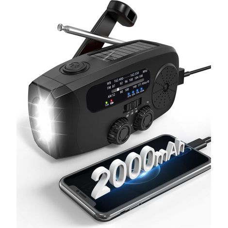 Notradio Mit Handkurbel, Led-taschenlampe, Tragbarem Am/fm-empfang Und Integriertem 2000-mah-handyladegerät (schwarz).
