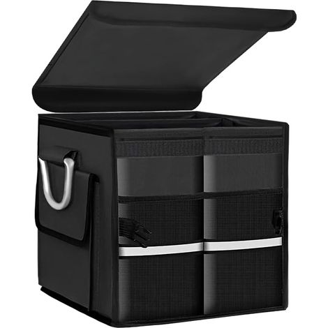Oxford Wasserdichter 28-liter-kofferraum-organizer Mit Deckel Und Aluminiumgriff – Faltbare Aufbewahrungsbox Mit 2 Fächern Für Suv, Van Und Limousine – Schwarz