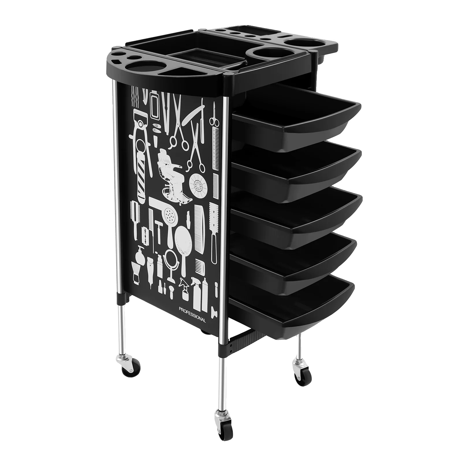 Friseurtrolley, 4 Räder, 5 Schubladen, Schwarz