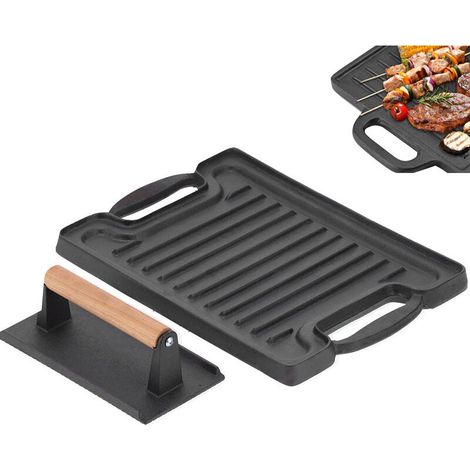 Rosvola 36 X 25 Cm Grillpfanne Aus Gusseisen Mit Steakpresse, Grillpfanne/grillplatte Für Kamin, Grillplatz, Lagerfeuer, Backofen Oder Herd