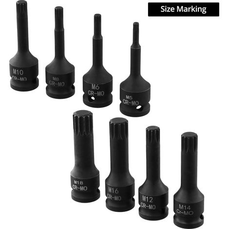 Satz Mit 8 Geriffelten Steckschlüsseln M5 Bis M18, 1/2"-antrieb, Chrom-vanadium-stahl, Mehrzahn-steckschlüsselsatz