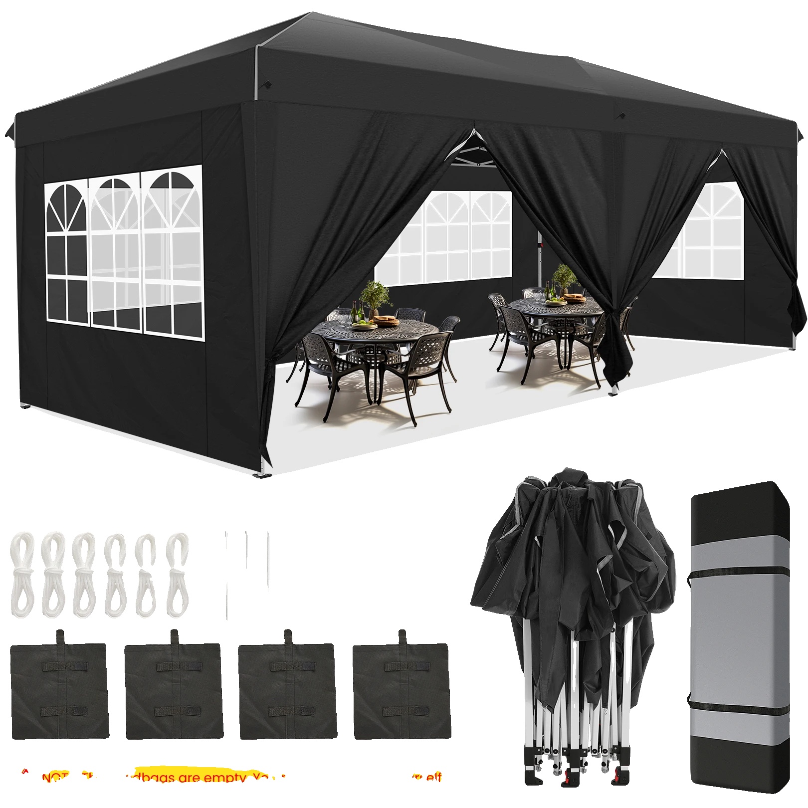 Pop-up Pavillon, Wasserdicht, Mühelose Montage, Schwarz, 3x6m