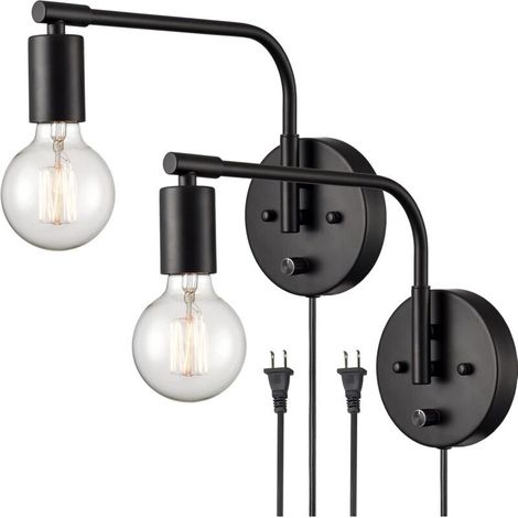 Schwarze Wandleuchte Im Modernen Landhausstil, Set Aus Zwei Schwenkbaren Wandleuchten Mit Stecker Und Schalter Für Das Schlafzimmer, Von Debuns