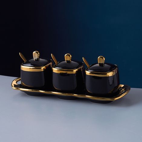 Schwarze Zuckerdose Mit Deckel Und Löffel, Keramik-gewürzgläser, Gewürzglas Mit Schale, Zucker- Und Salzstreuer, Goldene Gewürzgläser, Gläser, Gewürzbox, 3er-set Für Küche Oder Kaffeeecke