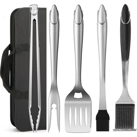Set Aus 6 Grillutensilien Aus Edelstahl, Bestehend Aus Einem Robusten Pfannenwender, Einer Grillzange, Einer Gabel, Einem Pinsel Und Einer Reinigungsbürste Sowie Einer Reisetasche (schwarz) Zum Kochen