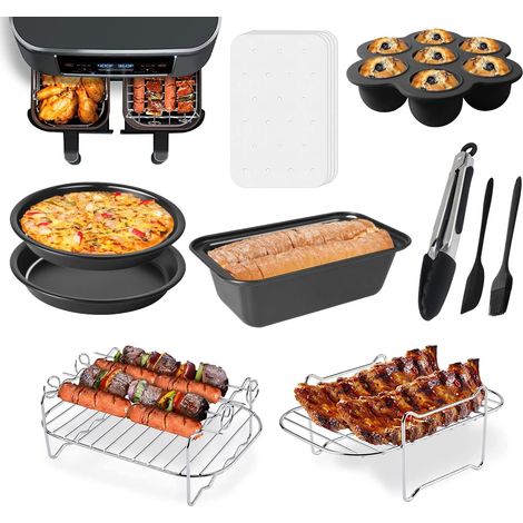 Set Mit 10 Zubehörteilen, Kompatibel Mit Den Ninja Dual Airfryer Dz201 Und Dz401 (8–10 Liter) Heißluftfritteusen: Beinhaltet Eine Kuchenform, Eine Pizzaform, Einen Grillrost, Spieße Und Einen Feuerkor