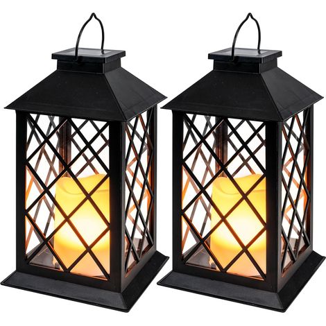 Set Mit 2 Solar-außenlaternen - Wasserdichte Hängelaterne Mit Flackernder Led-kerze - 33 Cm Gartenbeleuchtung Für Terrasse, Haustür Und Balkon (schwarz)