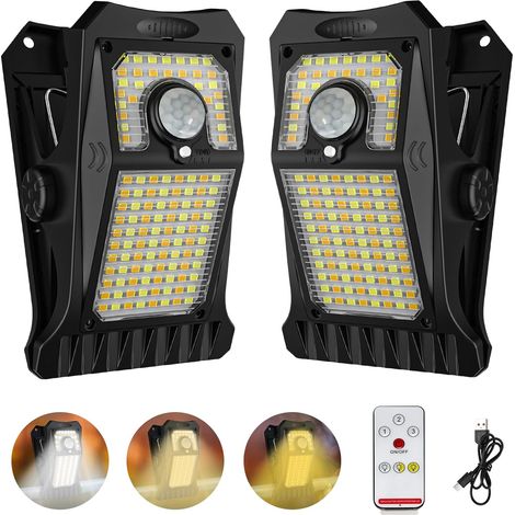 Set Mit 2 Solar-klemmleuchten Für Den Außenbereich Mit Bewegungsmelder, 118 Leds, 3 Beleuchtungsmodi, 3 Farbtemperaturen, Solarbetrieben, Usb-aufladung -