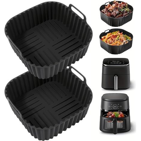 Set Mit 2 Quadratischen Silikon-kochmatten (18 Cm) Für Heißluftfritteusen – Wiederverwendbar Für Fritteusen Von 4 Bis 7 Litern – Zubehör Für Backofen Und Heißluftfritteuse – Schwarz