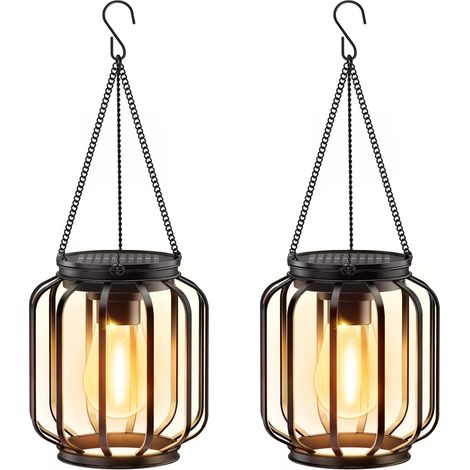 Set Mit 2 Wasserdichten Solar-hängelaternen Aus Metall Mit Haken – Warmes Und Helles Licht – Klassische Dekoration Für Garten, Terrasse, Veranda Und Balkon