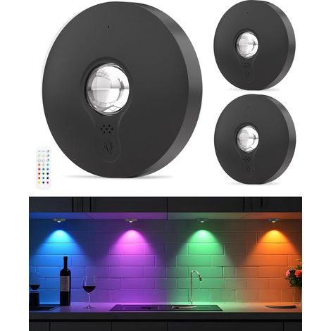 Set Mit 3 Runden, Wiederaufladbaren Lampen Mit Fernbedienung – 1500 Mah, Dimmer Und Timer, Selbstklebend, Schwarz