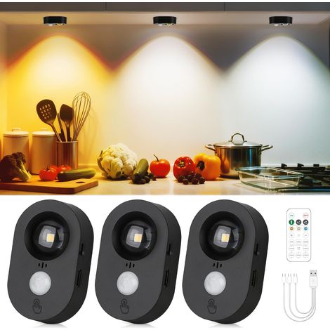 Set Mit 3 Runden Led-bewegungsmeldern – Wiederaufladbar, Dimmbar, Selbstklebend, Warmweiß, Schwarz