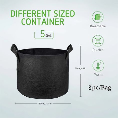 Set Mit 3 Runden Schwarzen Stoffpflanzgefäßen — Pflanzsäcke Geeignet Für Gemüse — Filzblumentöpfe — Pflanzbehälter Aus Vliesstoff Mit Griffen (30 X 25 Cm)