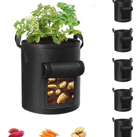Set Mit 5 Kartoffelpflanzsäcken (35 X 45 Cm) – Pflanzsäcke Mit Verstärkten Griffen Aus Dickem Vliesstoff, Geeignet Für Den Anbau Von Tomaten, Gemüse Und Obst.