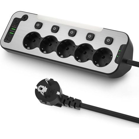 Steckdosenleiste Mit Einzelschalter - 5 Steckdosen, Mit Nachtlicht - Ideal Für Küchenecken, Mit 2 Meter Kabel, Schwarz.