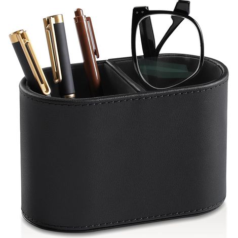 Stiftehalter Aus Pu-leder, Geeignet Fürs Büro - Kleines Stifteetui Mit Fernbedienung, Multifunktionaler Schreibtischorganizer - Geeignet Für Zuhause, Schule Oder Büro - 2 Fächer (schwarz)
