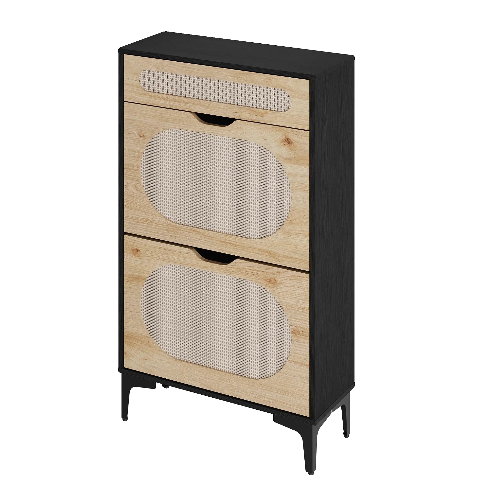 Schuhschrank, 2 Klappschubladen, Verstellbare Regale, Schwarz