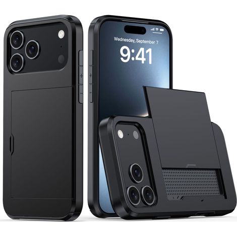 Stoßfeste Hülle Mit Verschiebbarem Kartenfach – Zweilagige Schutzhülle Kompatibel Mit Iphone 17 Pro Max, Erhältlich In Schwarz