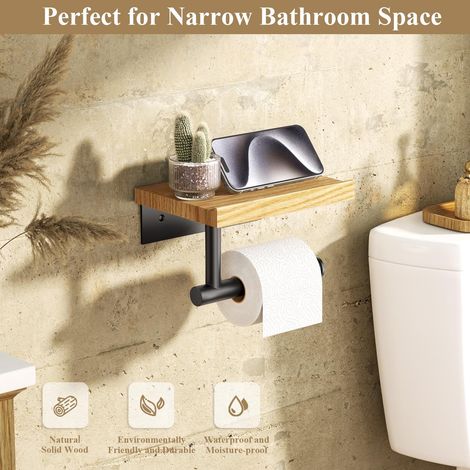 Toilettenpapierhalter Mit Holzablage, Wandmontierter Toilettenpapierhalter Aus Holz, Mattschwarzer Edelstahl, Badezimmeraccessoires, Wohnaccessoires, Wohnung, Toilette.